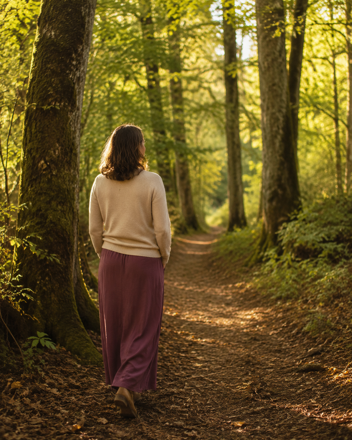 A woman walking among sunlit trees, representing inner change and renewal