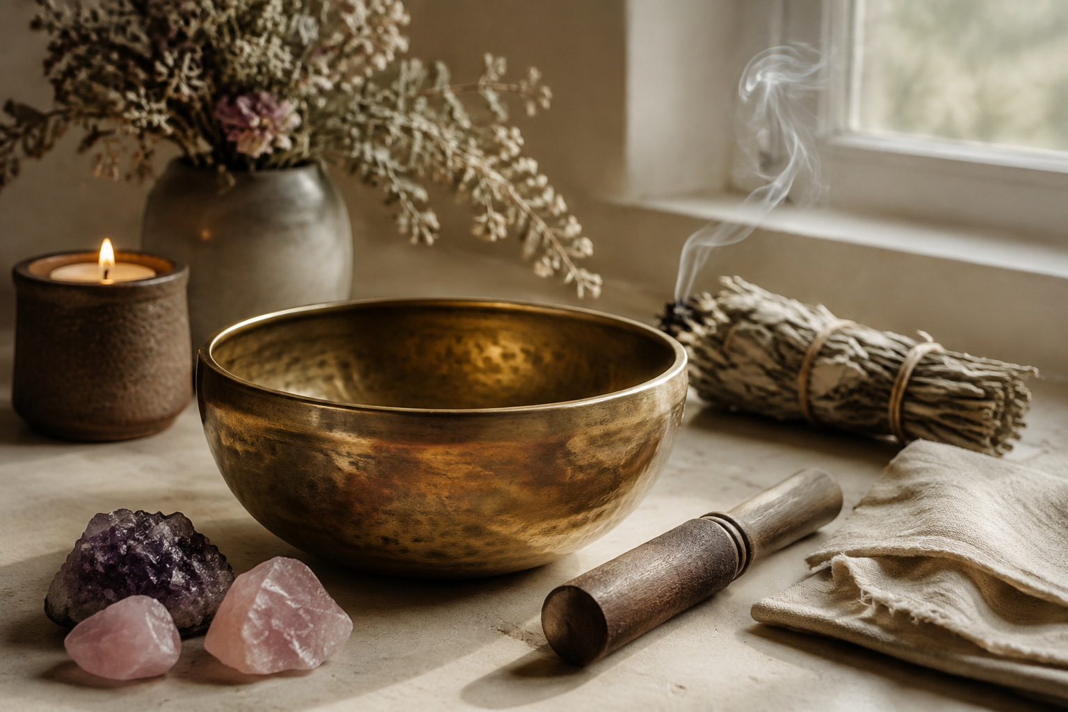 Singing bowl, cleansing herbs, crystals and candlelight arranged for a healing ritual