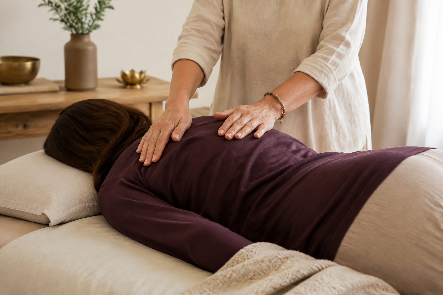 A quiet, restorative hands-on session in a warmly lit treatment room
